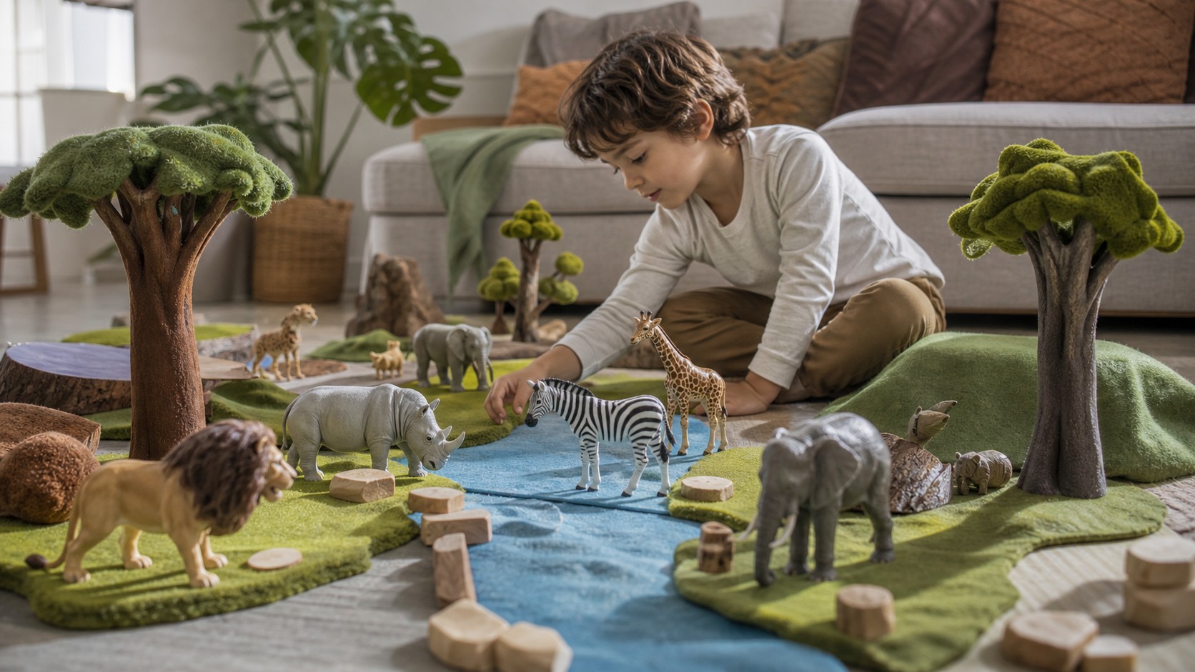 Animal playset arranged as a pretend wildlife habitat on a living room floor