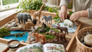Animal toys and nature objects arranged on a play table for habitat sorting