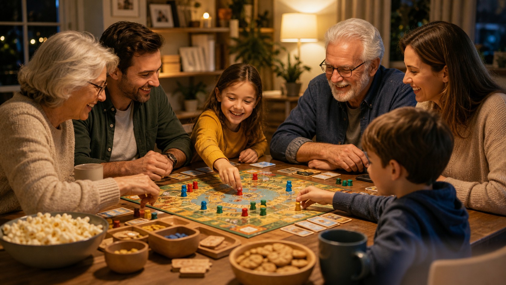 family gathered around an unbranded board game on a cozy table