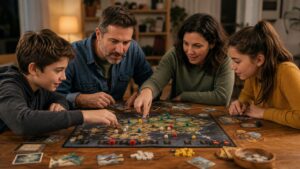 players collaborating over a cooperative board game at a family table