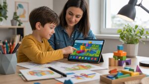child and parent using a tablet with a creative puzzle game and physical blocks nearby
