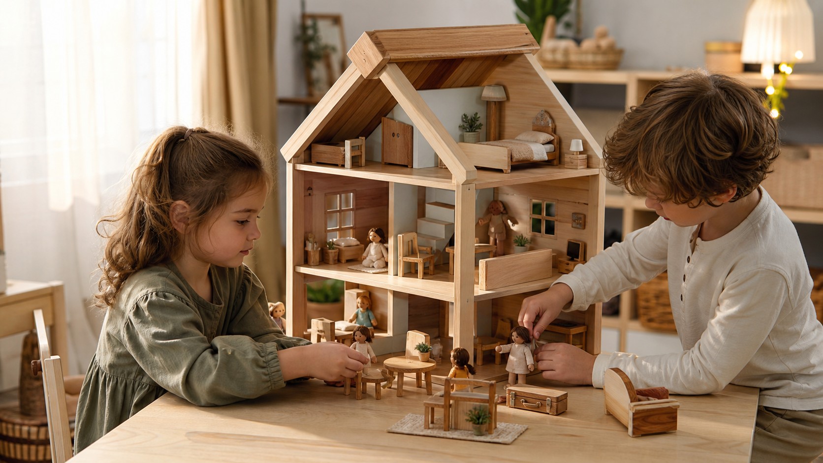 Wooden dollhouse with miniature furniture arranged for storytelling play