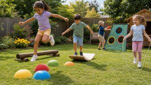 children using adventure and balance toys in a sunny backyard