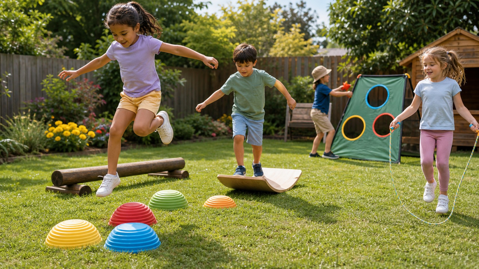 children using adventure and balance toys in a sunny backyard