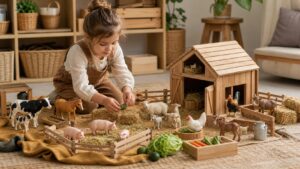 farm animal figures and a barn scene arranged for storytelling