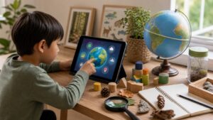 child using interactive digital exploration alongside real-world learning objects