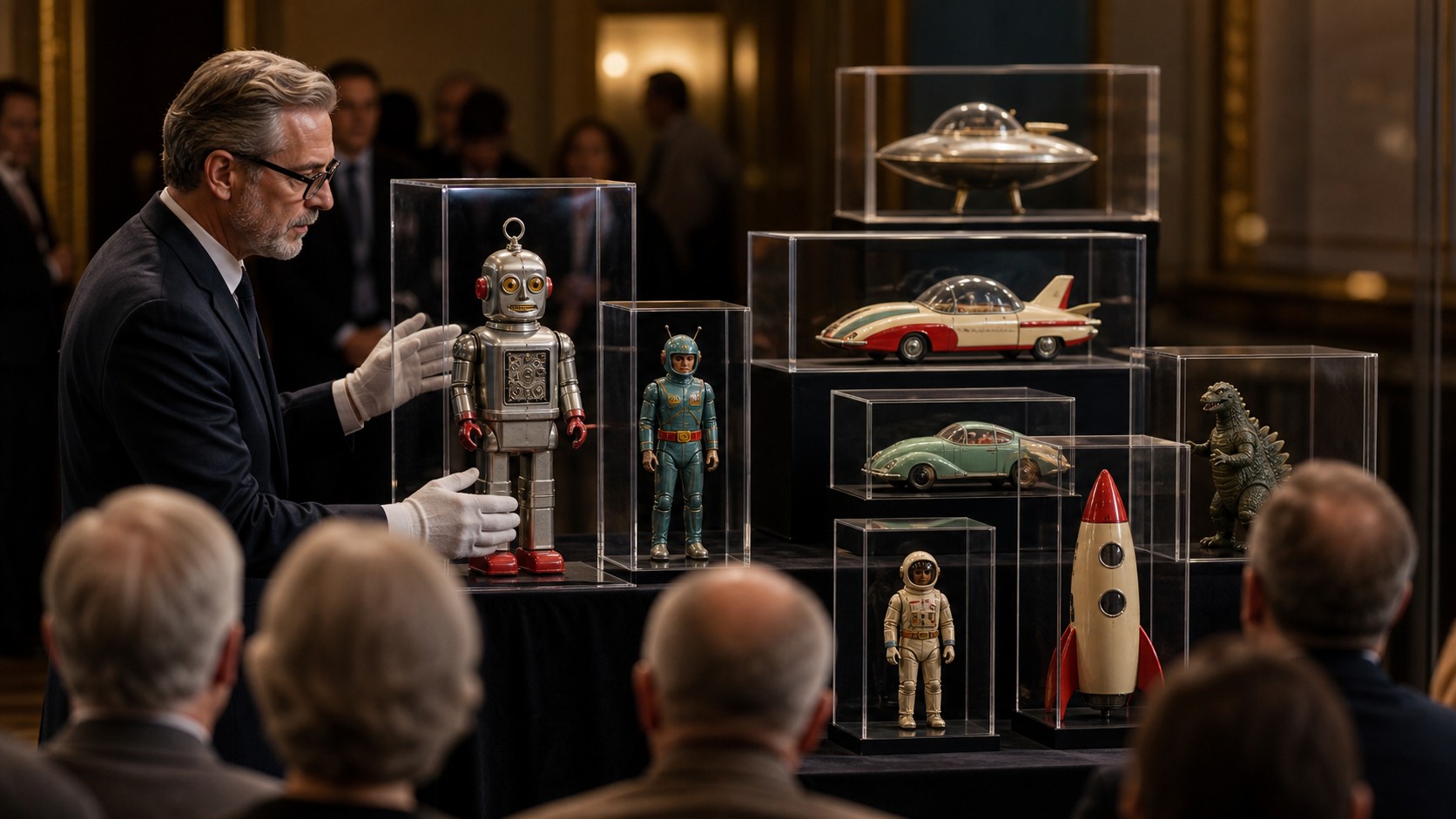 auction-style display of rare-looking unbranded toy collectibles in clear cases