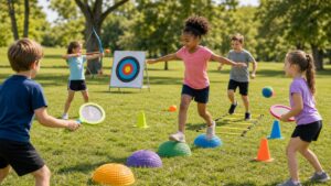 children trying varied outdoor sports toys on a grassy park field