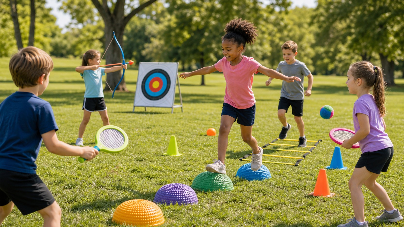 children trying varied outdoor sports toys on a grassy park field