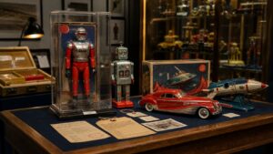 Rare vintage toy collectibles displayed in archival cases with provenance documents for a toy collecting article.