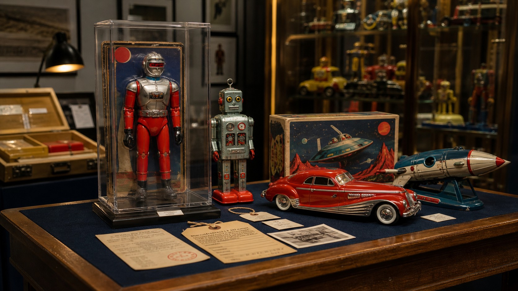 Rare vintage toy collectibles displayed in archival cases with provenance documents for a toy collecting article.