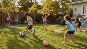children rotating through backyard sports toys and soft ball games