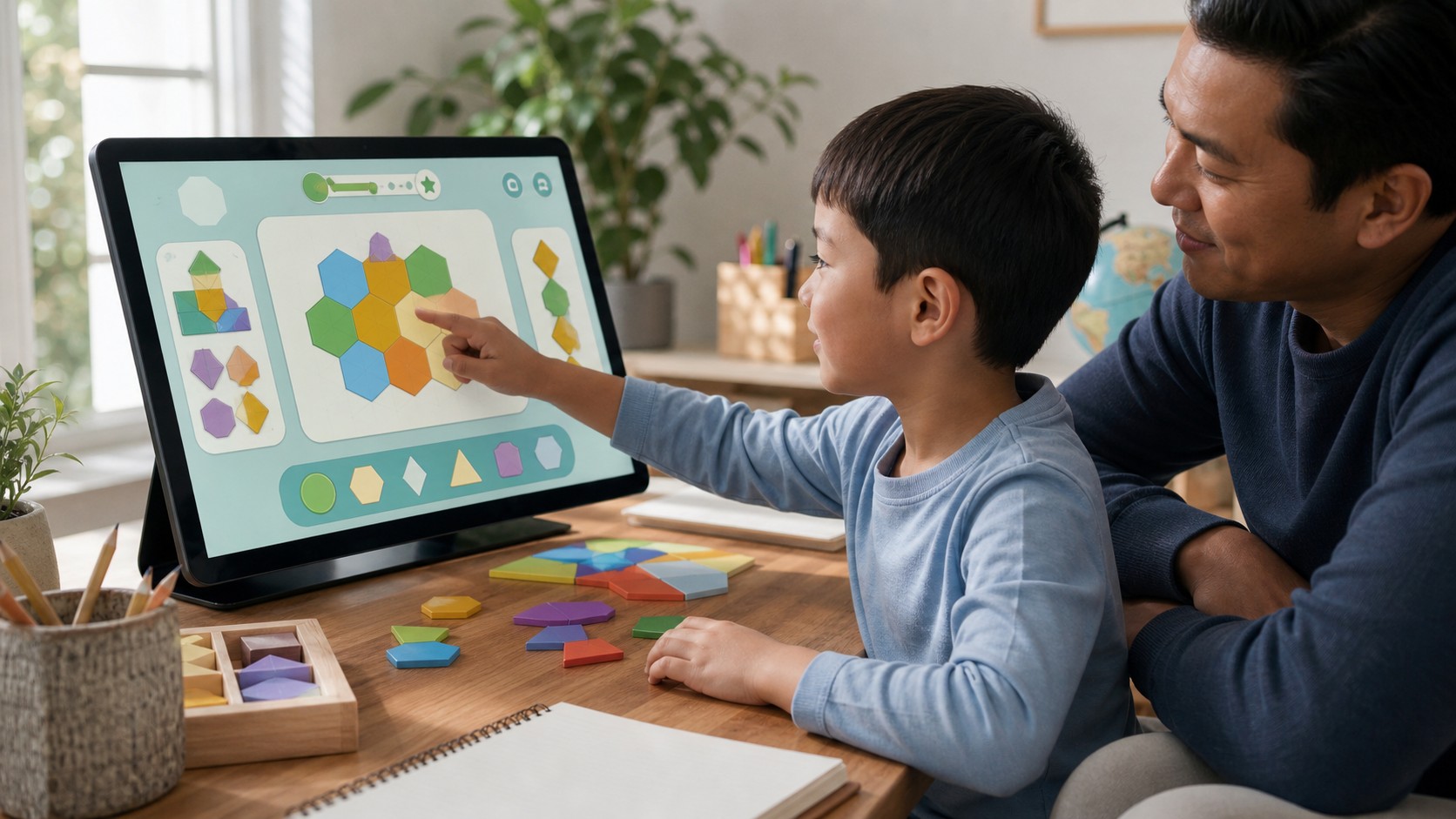 child focused on an abstract educational game with hands-on puzzles nearby