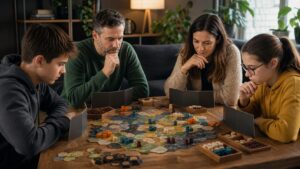 players studying an abstract strategy board game with wooden pieces
