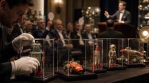 collector arranging unbranded toys in protective display cases