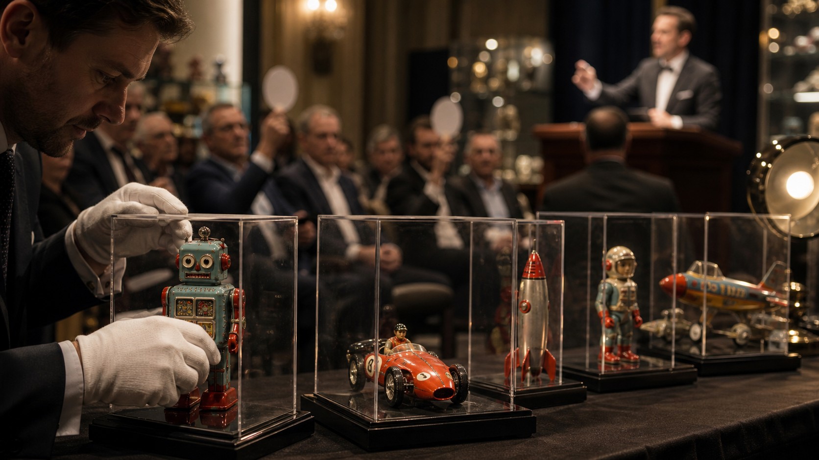 collector arranging unbranded toys in protective display cases
