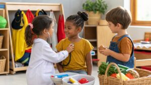 Children using pretend play props in a preschool dramatic play area